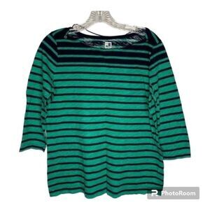 5/$25 JC Penney Green Navy Blue Striped Boatneck 3/4 Sleeves Casual Cotton Top L